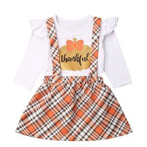 Thankful Pumpkin Top & Plaid Suspender Skirt 2pcs Little Girl Outfit